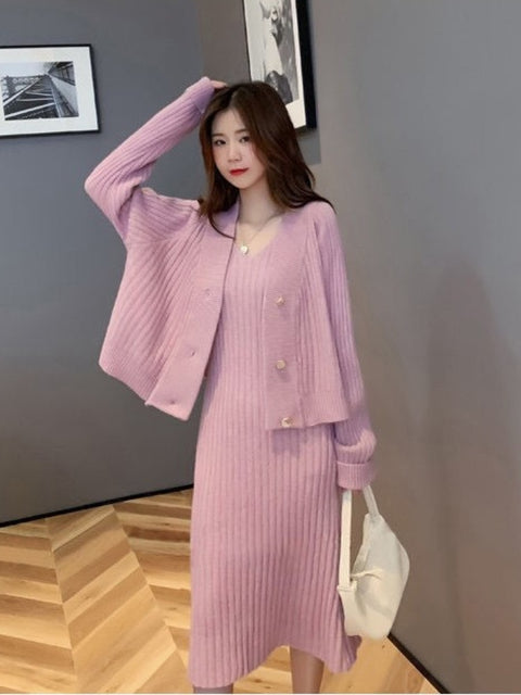 V-Neck Knit Dress Set Women 2-Piece Casual Elegant Autumn Winter Fashion Outfit