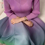 Maxi Pleated Elegant Luxury Party Dress Gradient Full Sleeves Fold Elegant Dress Women