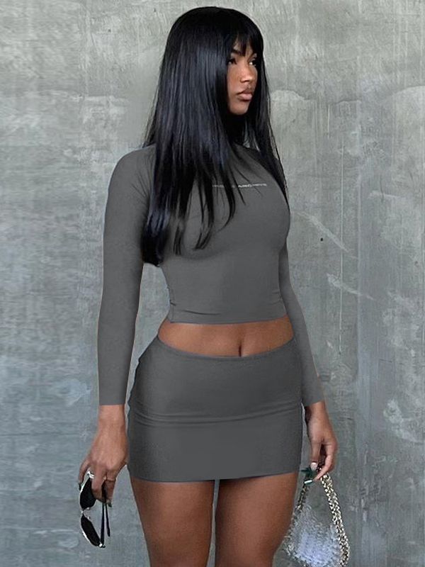 Letter Print Solid Turtleneck Short Sleeve Crop Top, Sexy Slim Skirt 2 Piece Set