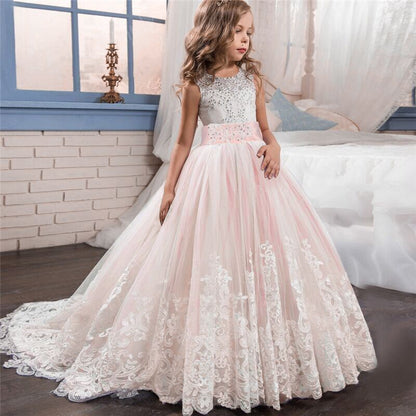 Formal Girl’s Princess Dress Lace Embroidered Prom Ball Gown Weedding Flower Girl Dress