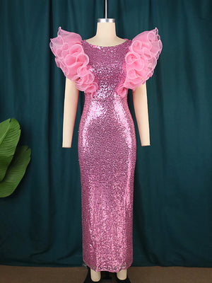 Pink Sequin Dress Puff Ruffle Sleeve Bodycon Sparkly Evening Dress