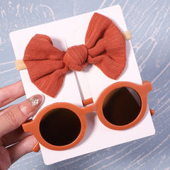 2 Piece/Pack Vintage Kids Round And Flower Shaped Sunglasses Plus Bow Headband For Children