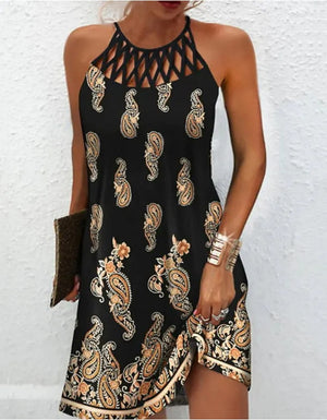 Women's Summer Fashion O-Neck Sleeveless Dresses Loose Waist Vintage Inspired Print Dress