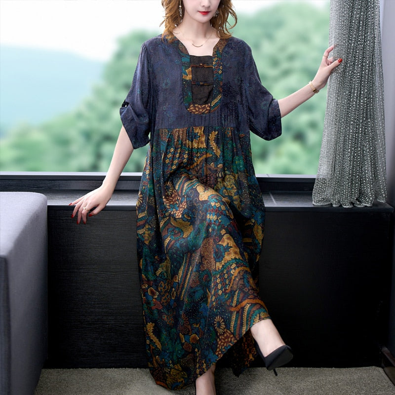 Women's Hepburn Elegant Maxi Dress Black Floral Mulberry Silk Loose Waist Maxi Dress