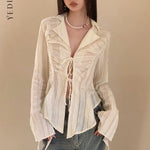 Fairycore Lace Up Blouse Long Sleeve Shirt Turn-down Collar Women's Shirt