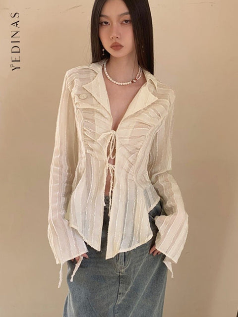 Fairycore Lace-Up Blouse Women Long Sleeve Turn-Down Collar Casual Elegant Fashion Top