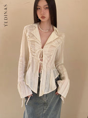 Fairycore Lace Up Blouse Long Sleeve Shirt Turn-down Collar Women's Shirt