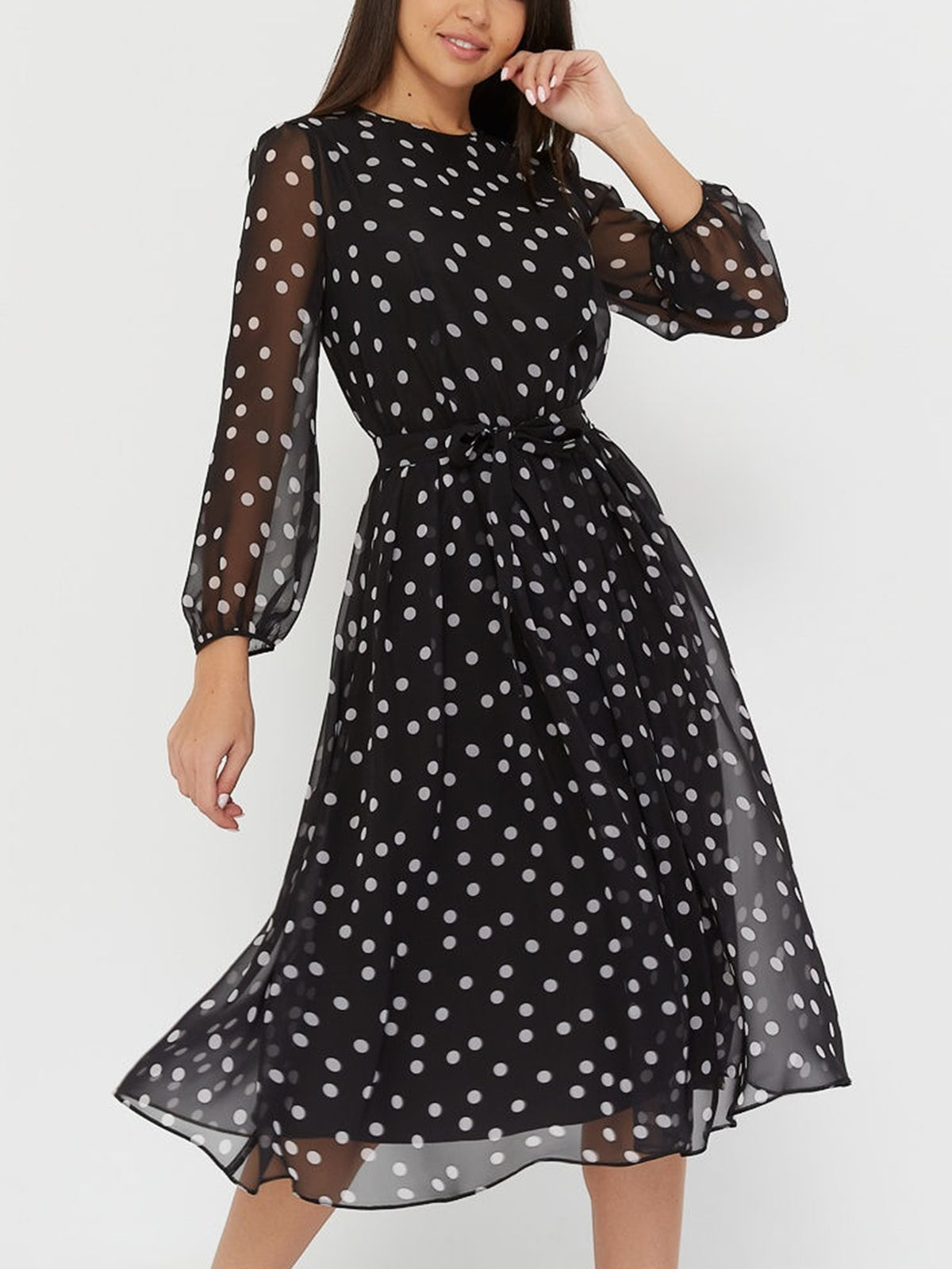 Elegant Polka Dot Print Long Sleeve Chiffon Midi Dress