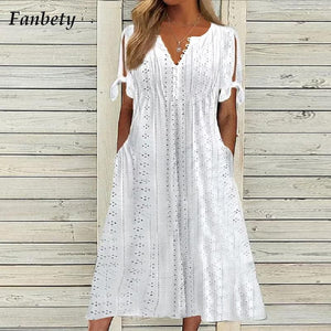 Women's Pleated Elegant Summer Dress Hollow Out Lace Ruched Short Sleeve Buttoned V Neck Dress