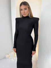Shoulder Padded Long Sleeve Bodycon Maxi Long Dress