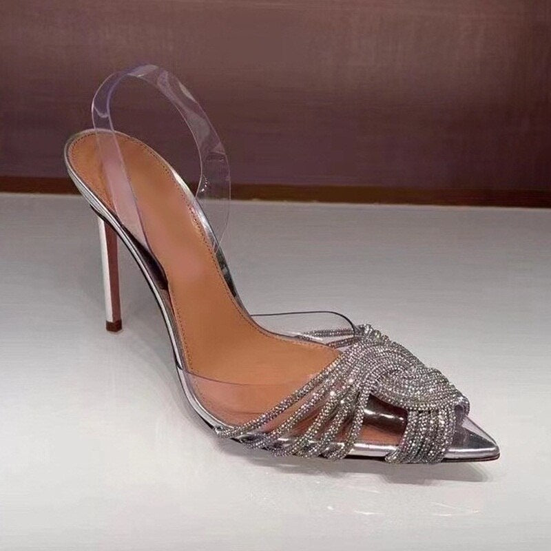 Clear PVC Slingback Women's Sandals Cross Crystal Pointed Toe Stiletto Heel Pumps Shoes
