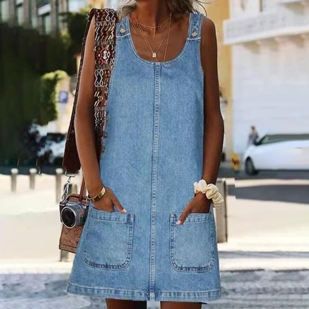 Faux Denim Dress Round Neck Sleeveless With Pockets Loose Overall Dress Plus Sizes 