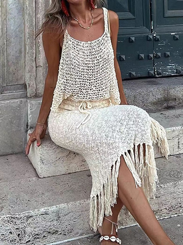 Knitted Camisole Blouse Tassel Skirts Two Piece Knit Sets