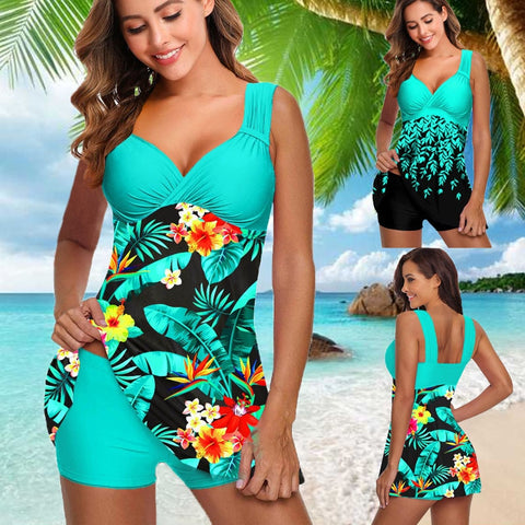 Plus Size Tankini Swimsuit Women Flower Print 2-Piece Swimdress Beach Vacation Summer Swimwear