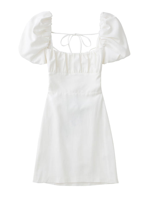 Linen Blend Backless Midi Dress Women Square Neck Short Sleeve Casual Summer Fashion Dress
