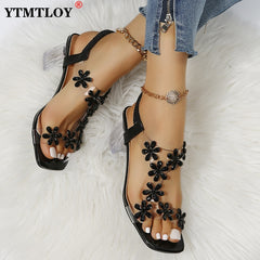 Women's Sandals Rhinestone Flowers Decoration Chunky Heel Peep Pumps Shoes