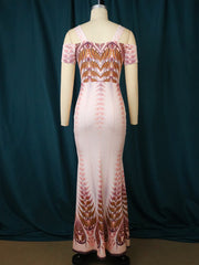 Sexy Buffer-fly Print Dresses Digital Printed Bodycon Off Shoulder Maxi Dress