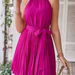 Women's Casual Halter Neck Summer Dress Sexy Pleated Dress with Belt