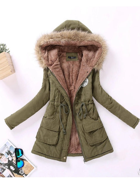 Military Style Coat Women Cotton Wadded Hooded Fur Warm Winter Casual Outerwear Fashion
