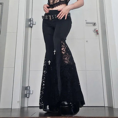 High Waist Mesh Lace Flare Pants Women Goth Black Cross Grunge Y2K Streetwear Casual Fashion