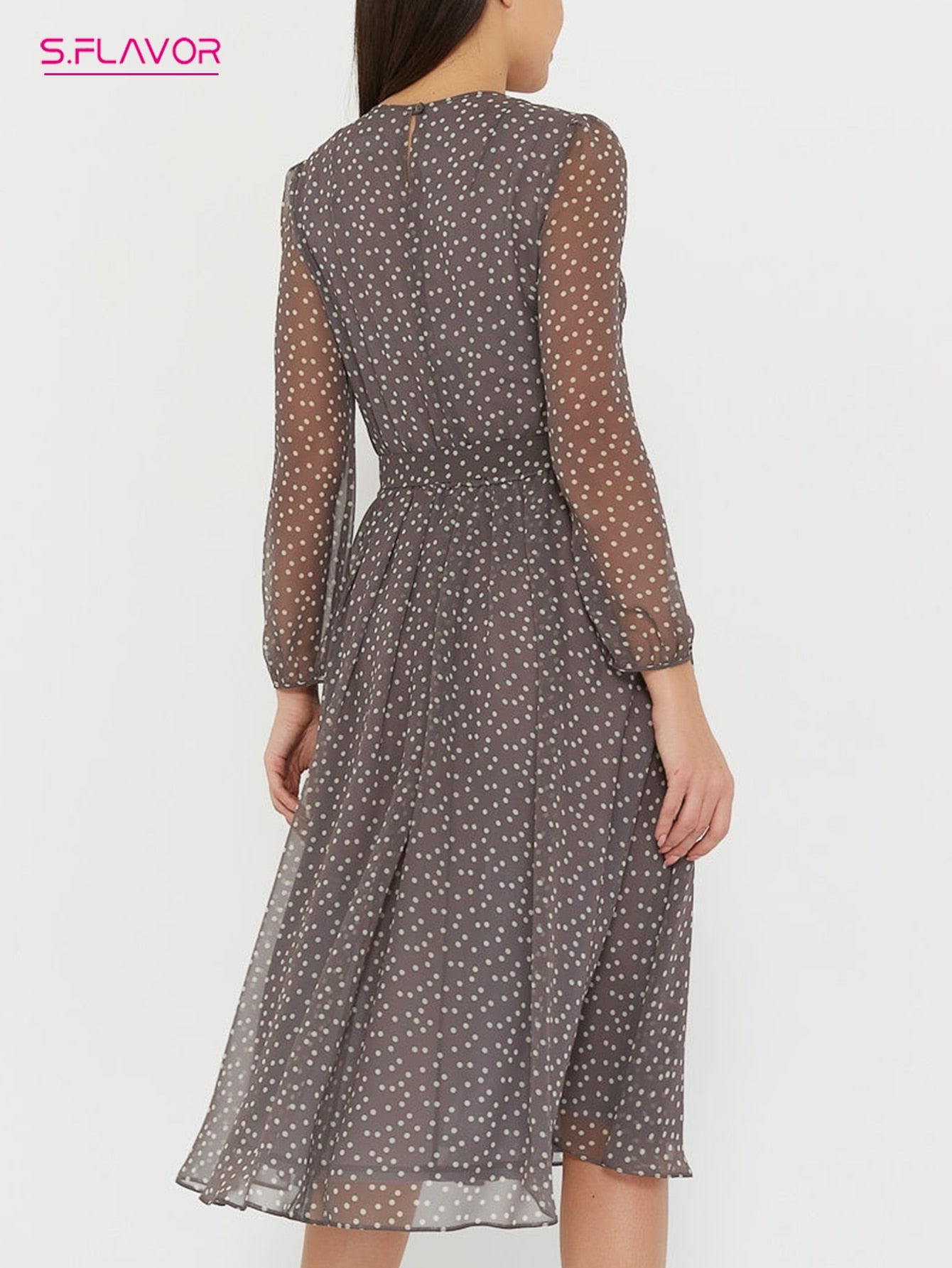 Elegant Polka Dot Print Long Sleeve Chiffon Midi Dress