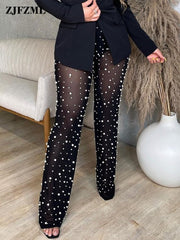 Women's Mesh Beaded Sheer Tulle Flare Leggings High Elastic Waist Trousers