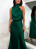 Satin Women's Evening Party Sleeveless Midi Dress High Asymmetrical Neckline Wedding Guest Dress