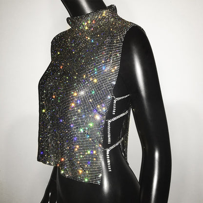 Sexy Rhinestone Crop Top Glitter Turtleneck Sparkly Shirt