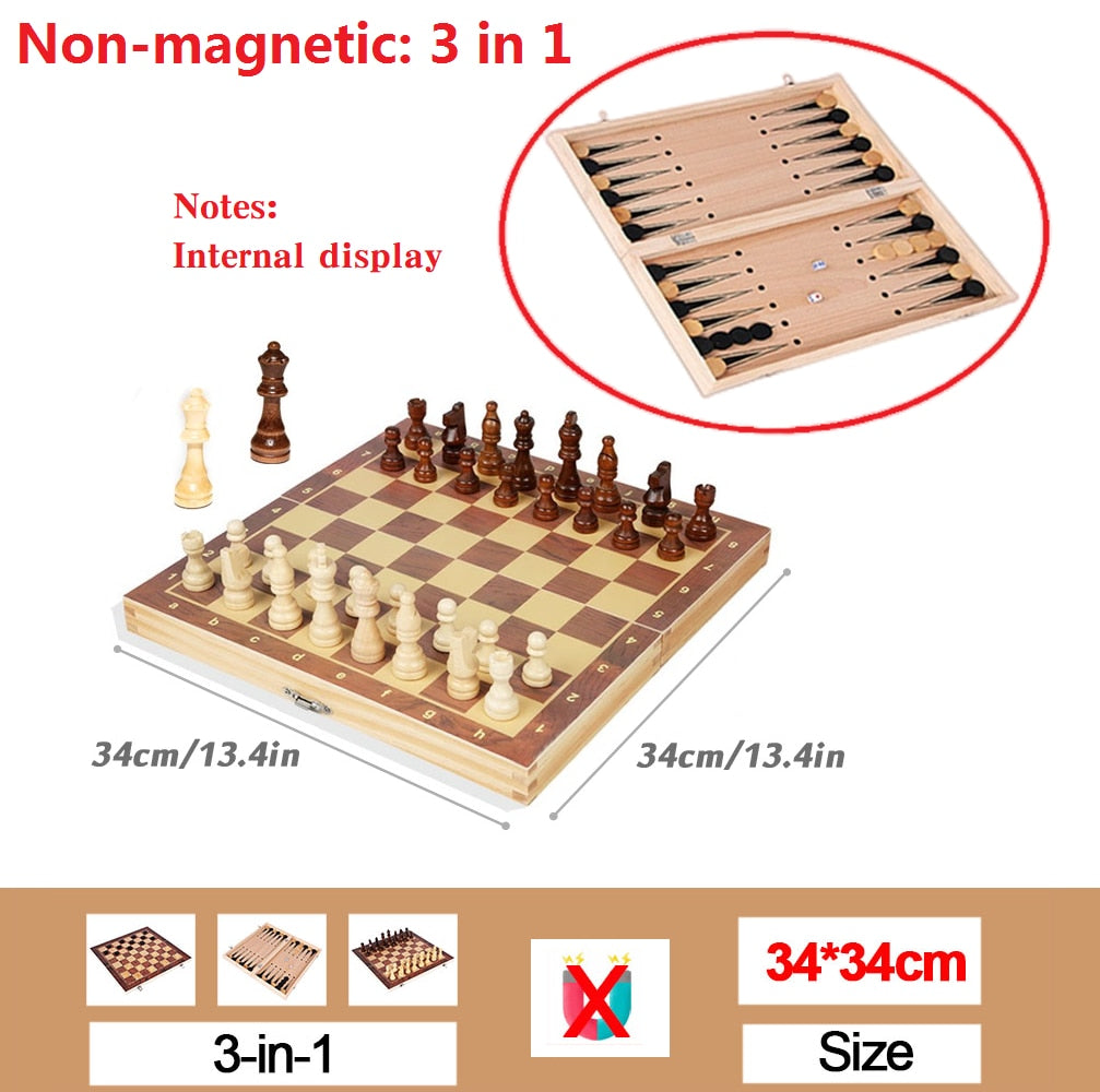 Wooden Magnetic Chess Set Folding Large Board 34 Pieces Portable Travel Game Gift Kids Adults