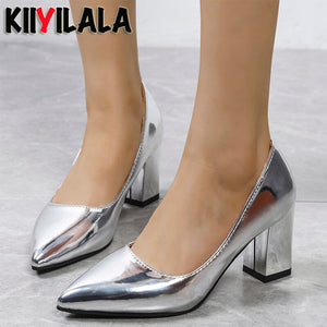 Women's Shiny Pumps Pointed Toe Shoes Champagne Gold  Chunky Heels Shoes