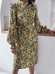 Elegant Leopard Print Sundress Long Puff Sleeve Party Dress Holiday Belted Robe