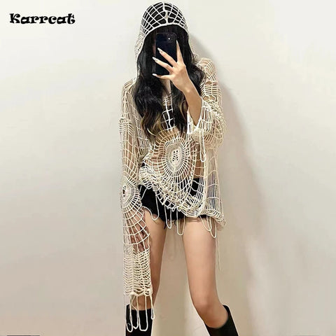 Hooded Knit Sweater Women Spider Web Hole Irregular Hollow Out Grunge Casual Fashion Top