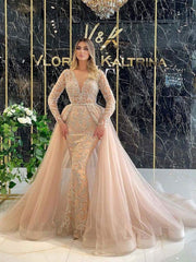 Glamorous V-Neck Mermaid Dress Sequin Elegant Wedding Dress Lace