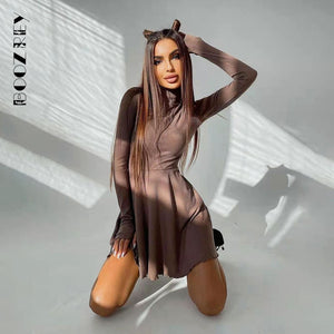 Ribbed Long Sleeve Mini Dress Pleated Knit Dress With Long Sleeves