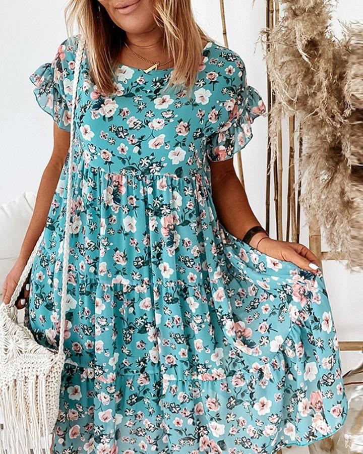 Women's Summer Dresses Floral Print Bohemian Short Sleeve Dress with Ruffles Plus Sizes S-3XL