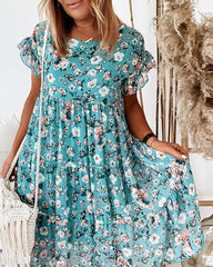 Women's Summer Dresses Floral Print Bohemian Short Sleeve Dress with Ruffles Plus Sizes S-3XL