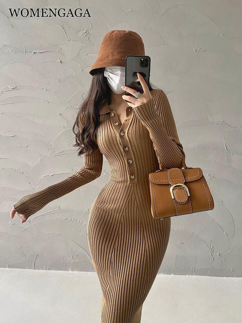 Long Sleeve Knit Slim Maxi Dress Women Collar Elegant Casual Party Winter Fashion Dress