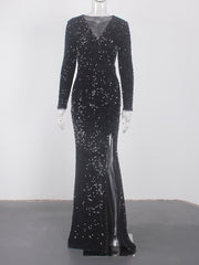 Luxury Black Long Sleeve Evening Gown