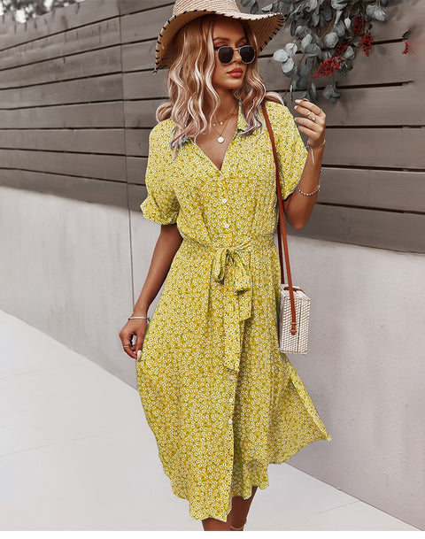 Floral Print Slit Midi Dress Women V-Neck Casual Chic Beach Vacation Summer Fashion Dress