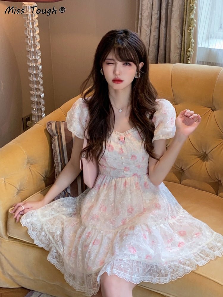 mini korean dress Generic Women's Floral Lace Style Short Sleeve Prom Dress, X-Small at Amazon Women's Clothing store Mini Dress Korean Winter Dress