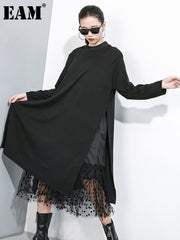 Black Mesh Dot Split Joint Loose Fit Dress Round Collar Long Sleeve Loose Fit Fashion
