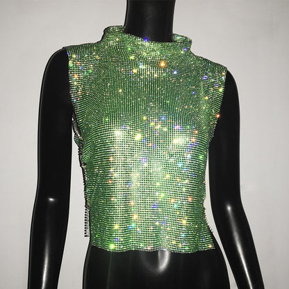 Sexy Rhinestone Crop Top Glitter Turtleneck Sparkly Shirt