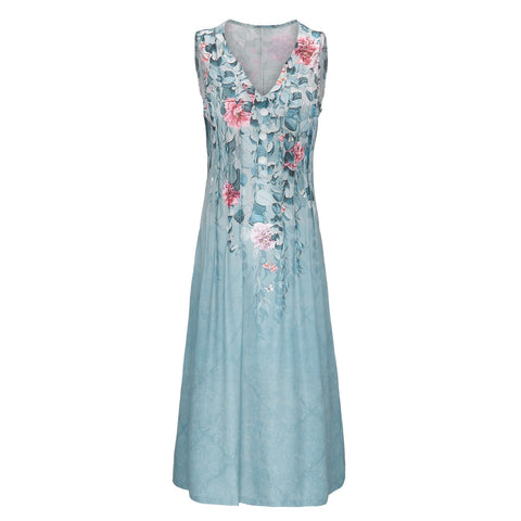Floral Pleated A-Line Dress Women Sleeveless Loose Casual Beach Vacation Spring Summer Fashion