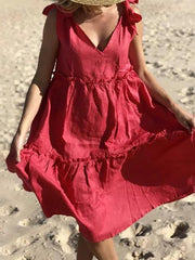 Bohemian Summer Dress, Ruffled V Neck Sleeveless Beach Wedding Dress