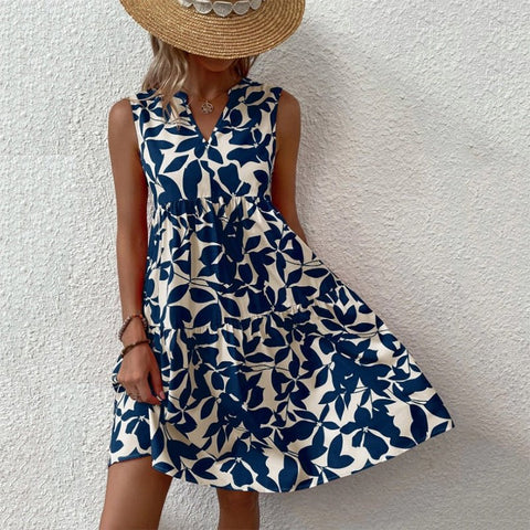 Boho Floral Print Mini Dress Women V-Neck Sleeveless Loose Casual Beach Vacation Summer Fashion