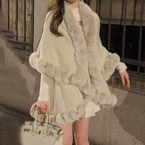 Faux Fur Poncho Shawl Women Collar Knitted Cloak Decor Balls Cardigan Warm Winter Fashion