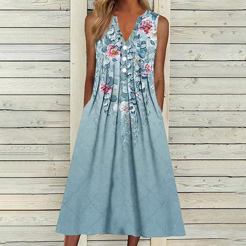 Floral Pleated A-Line Dress Women Sleeveless Loose Casual Beach Vacation Spring Summer Fashion