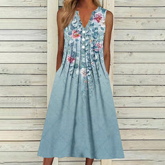 Women's Pretty Summer Spring Dress Sleeveless A Line Floral Pleated Loose Dress