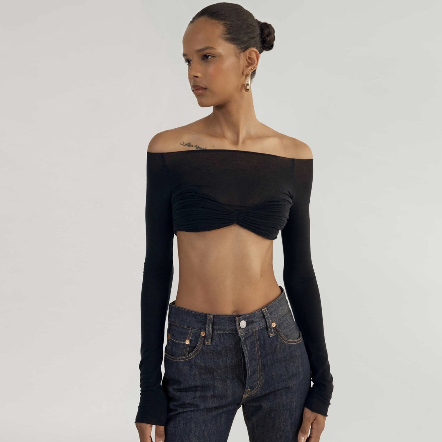Women's See-Through Mesh Crop Top Off Shoulder Short Knit Cropped Top