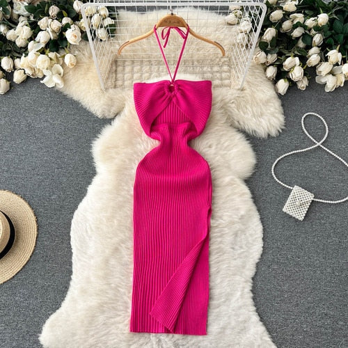 Halter Knit Bodycon Dress Cut Out Sexy Split Off Shoulder Backless Dresses